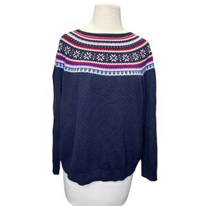Talbots X Fair Isle Sweater Snowflakes Hearts Navy Blue 0X Cotton Blend Red Pink